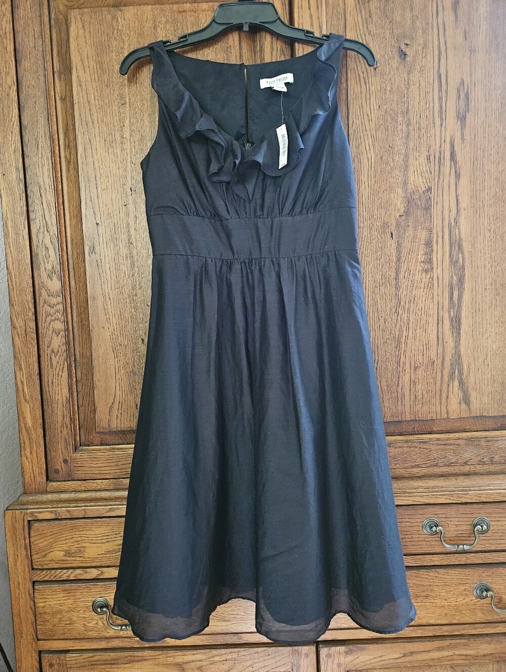 White House Black Market Ruffled Neck Silk Blend Black Sleeveless A-Line Dress